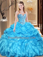 Aqua Blue Sleeveless Organza Lace Up Quinceanera Gowns for Military Ball and Sweet 16 and Quinceanera