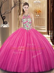 Pretty Scoop Embroidery and Sequins 15th Birthday Dress Hot Pink Backless Sleeveless Floor Length