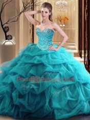 Exquisite Tulle Sweetheart Sleeveless Zipper Beading and Ruffles Quinceanera Dress in Teal