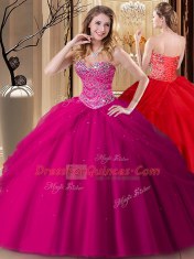 Suitable Fuchsia Sweetheart Lace Up Beading Vestidos de Quinceanera Sleeveless