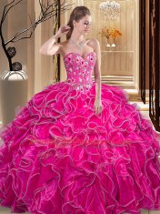 Floor Length Lace Up Quinceanera Dresses Fuchsia for Military Ball and Sweet 16 and Quinceanera with Embroidery and Ruffles