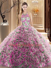 Modest Multi-color Criss Cross High-neck Ruffles and Pattern 15th Birthday Dress Fabric With Rolling Flowers Sleeveless Brush Train