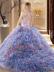 Modest Multi-color Criss Cross High-neck Ruffles and Pattern 15th Birthday Dress Fabric With Rolling Flowers Sleeveless Brush Train