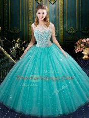 High-neck Sleeveless Zipper Vestidos de Quinceanera Aqua Blue Tulle