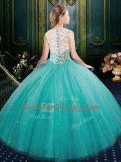 High-neck Sleeveless Zipper Vestidos de Quinceanera Aqua Blue Tulle