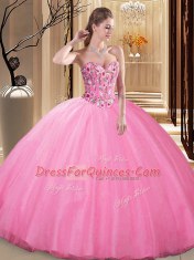 Rose Pink Tulle Lace Up Quinceanera Gown Sleeveless Floor Length Embroidery