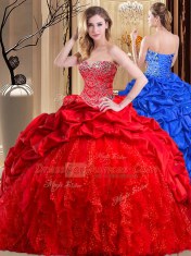 Hot Sale Sweetheart Sleeveless Taffeta and Tulle Quinceanera Dresses Beading and Ruffles Brush Train Lace Up