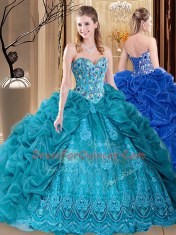 Pick Ups Teal Sleeveless Organza Lace Up Vestidos de Quinceanera for Prom and Military Ball and Sweet 16 and Quinceanera