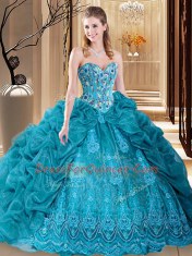 Pick Ups Teal Sleeveless Organza Lace Up Vestidos de Quinceanera for Prom and Military Ball and Sweet 16 and Quinceanera