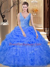 Perfect Sleeveless Organza Floor Length Backless Sweet 16 Dresses in Blue with Lace and Appliques and Ruffles and Pick Ups