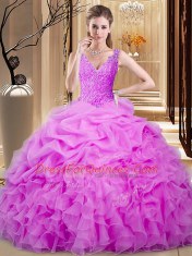 Sleeveless Floor Length Lace and Ruffles and Pick Ups Backless Sweet 16 Quinceanera Dress with Lilac