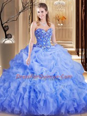 Custom Designed Sleeveless Organza Brush Train Lace Up Quince Ball Gowns in Lavender with Embroidery and Ruffles and Pick Ups