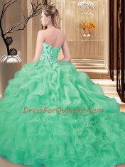 Custom Designed Sleeveless Organza Brush Train Lace Up Quince Ball Gowns in Lavender with Embroidery and Ruffles and Pick Ups