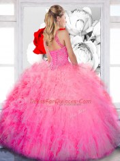 High-neck Sleeveless Vestidos de Quinceanera Floor Length Beading and Ruffles Lavender Tulle