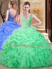Floor Length Backless Quinceanera Dress Apple Green for Military Ball and Sweet 16 and Quinceanera with Lace and Appliques and Pick Ups