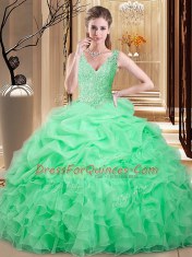 Floor Length Backless Quinceanera Dress Apple Green for Military Ball and Sweet 16 and Quinceanera with Lace and Appliques and Pick Ups