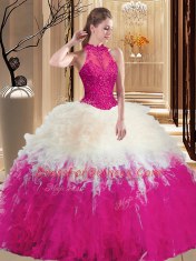 Artistic Multi-color Ball Gowns High-neck Sleeveless Tulle Floor Length Backless Lace and Appliques and Ruffles Quinceanera Gown