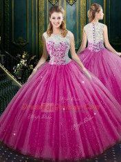 Cute Floor Length Fuchsia 15th Birthday Dress Tulle Sleeveless Lace