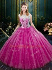 Cute Floor Length Fuchsia 15th Birthday Dress Tulle Sleeveless Lace