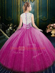 Cute Floor Length Fuchsia 15th Birthday Dress Tulle Sleeveless Lace