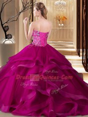 Ball Gowns Sweet 16 Quinceanera Dress Fuchsia Sweetheart Tulle Sleeveless Floor Length Lace Up
