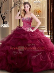 Flare Ball Gowns Vestidos de Quinceanera Burgundy Sweetheart Tulle Sleeveless Floor Length Lace Up