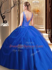 Custom Design Royal Blue Ball Gowns Tulle V-neck Sleeveless Lace and Appliques and Pick Ups Floor Length Backless Vestidos de Quinceanera