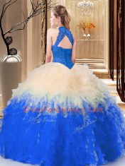 Multi-color Organza Backless Quinceanera Gown Sleeveless Floor Length Lace and Appliques and Ruffles
