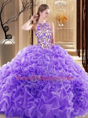 Sexy Lavender Organza Backless Vestidos de Quinceanera Sleeveless Brush Train Embroidery and Ruffles