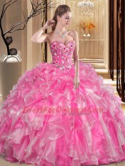 Rose Pink Sleeveless Floor Length Embroidery and Ruffles Lace Up 15th Birthday Dress
