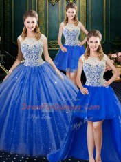 Four Piece Royal Blue Ball Gowns Tulle High-neck Sleeveless Lace Floor Length Zipper Quinceanera Gown Brush Train