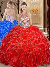 Coral Red Ball Gowns Organza Scoop Sleeveless Embroidery and Ruffles Floor Length Backless 15th Birthday Dress
