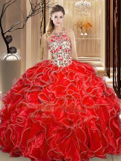 Coral Red Ball Gowns Organza Scoop Sleeveless Embroidery and Ruffles Floor Length Backless 15th Birthday Dress