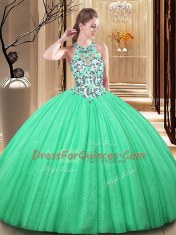 Modern Sleeveless Floor Length Lace and Appliques Lace Up Vestidos de Quinceanera with Green