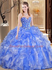 Charming Blue Sweetheart Neckline Beading and Embroidery and Ruffles 15th Birthday Dress Sleeveless Lace Up