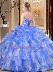 Charming Blue Sweetheart Neckline Beading and Embroidery and Ruffles 15th Birthday Dress Sleeveless Lace Up