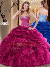 Elegant Fuchsia Ball Gowns Organza Sweetheart Sleeveless Beading and Pick Ups Floor Length Lace Up Vestidos de Quinceanera