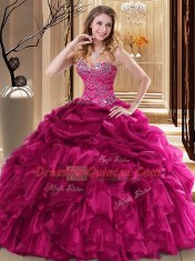 Elegant Fuchsia Ball Gowns Organza Sweetheart Sleeveless Beading and Pick Ups Floor Length Lace Up Vestidos de Quinceanera