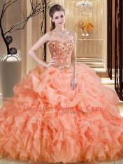 Popular Sleeveless Brush Train Beading and Embroidery and Ruffles Lace Up Sweet 16 Dress