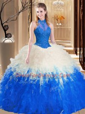 Blue And White Sleeveless Floor Length Lace and Appliques and Ruffles Backless Quinceanera Gowns