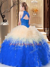Blue And White Sleeveless Floor Length Lace and Appliques and Ruffles Backless Quinceanera Gowns