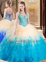 Simple Multi-color Tulle Lace Up Sweet 16 Quinceanera Dress Sleeveless Floor Length Lace and Ruffles