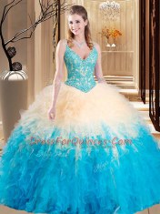 Simple Multi-color Tulle Lace Up Sweet 16 Quinceanera Dress Sleeveless Floor Length Lace and Ruffles