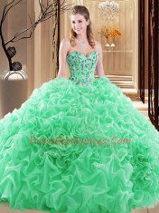 Captivating Fabric With Rolling Flowers Lace Up Quince Ball Gowns Sleeveless Floor Length Embroidery and Ruffles and Pick Ups