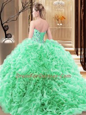 Captivating Fabric With Rolling Flowers Lace Up Quince Ball Gowns Sleeveless Floor Length Embroidery and Ruffles and Pick Ups