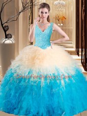 Cheap Multi-color Ball Gowns Appliques and Ruffles Sweet 16 Dress Zipper Tulle Sleeveless Floor Length