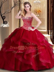 Sleeveless Floor Length Beading and Ruffles Lace Up Quinceanera Gown with Wine Red