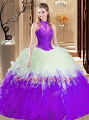 Enchanting Sleeveless Lace and Appliques and Ruffles Lace Up Sweet 16 Dresses