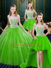 Exceptional Four Piece High-neck Sleeveless Brush Train Zipper 15 Quinceanera Dress Tulle