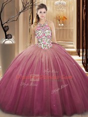 Suitable Floor Length Burgundy 15th Birthday Dress Tulle Sleeveless Lace and Appliques